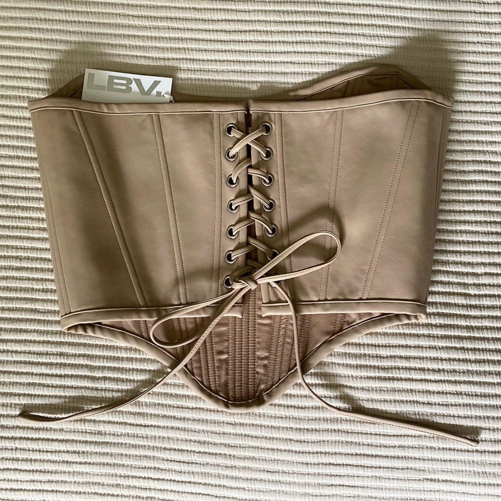 LBV VEGAN LEATHER CORSET Top ALMOND $119 NWT Nude Tan Skintone Large L *Retired*